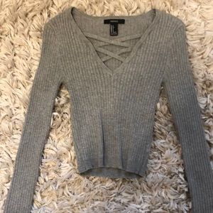 Grey Cross-Neck Fitted Sweater
